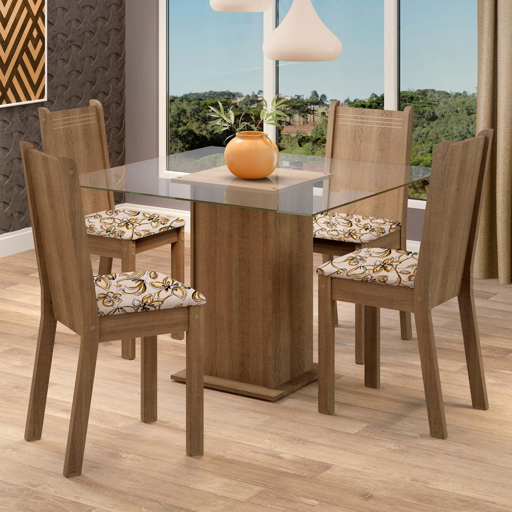 Conjunto Sala de Jantar Madesa Maya Mesa Tampo de Vidro com 4 Cadeiras - Rustic/Lírio Bege