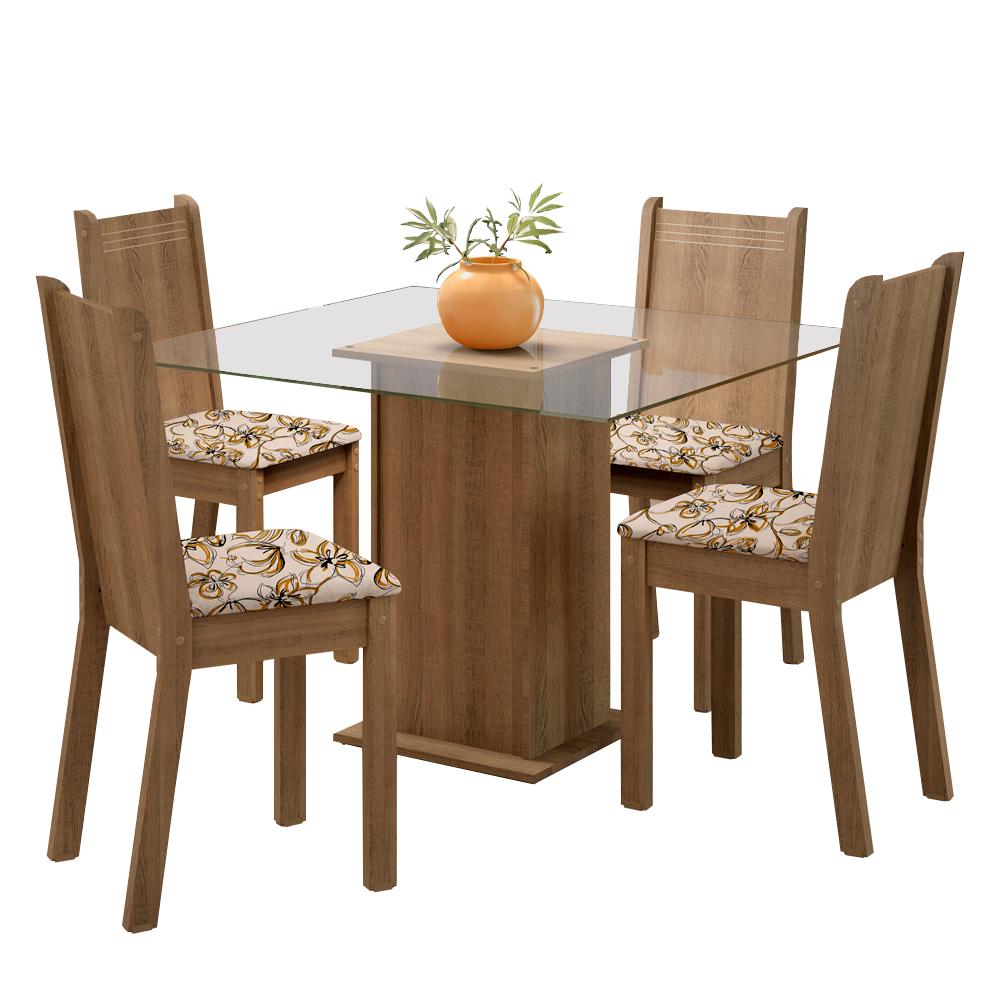 Conjunto Sala de Jantar Madesa Maya Mesa Tampo de Vidro com 4 Cadeiras - Rustic/Lírio Bege