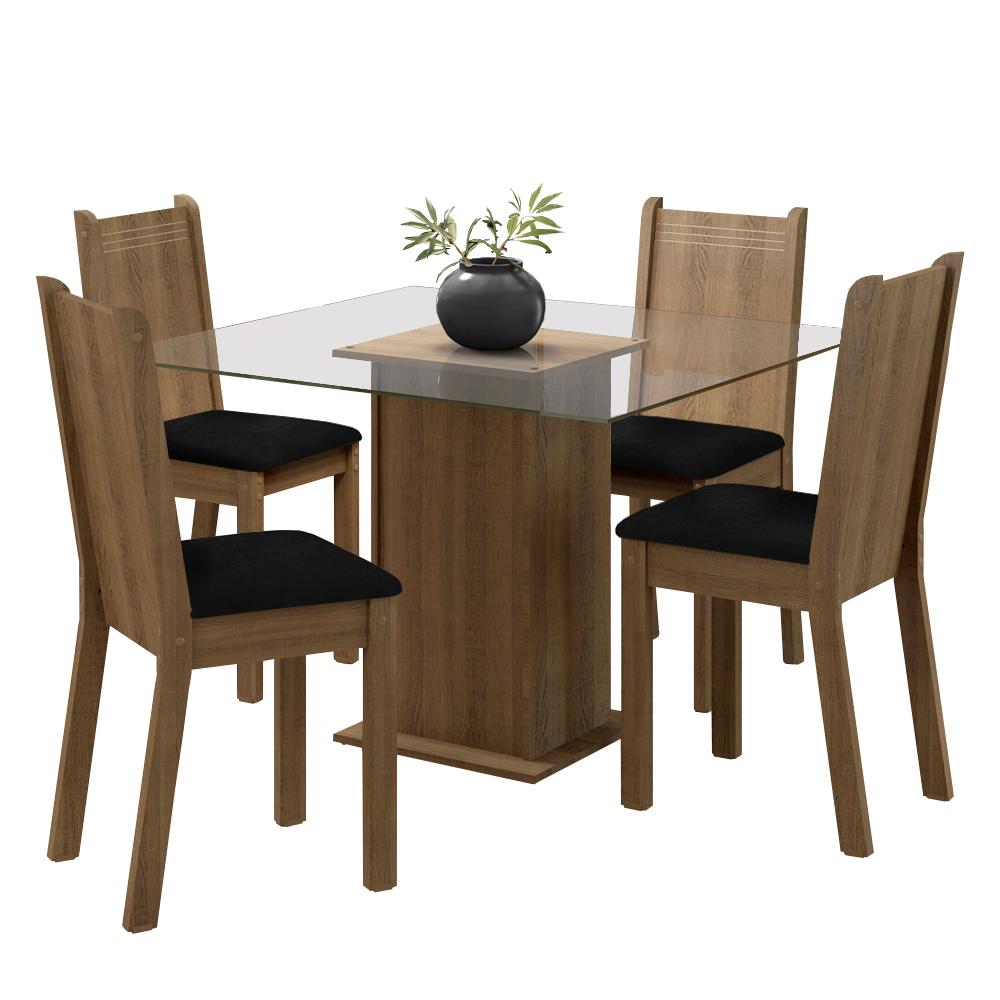 Conjunto Sala de Jantar Madesa Maya Mesa Tampo de Vidro com 4 Cadeiras - Rustic/Sintético Preto