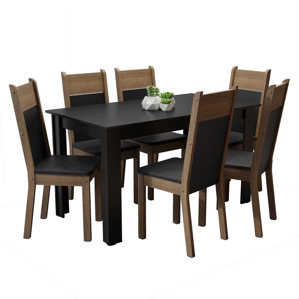 Conjunto Sala de Jantar Madesa Medelin Mesa Tampo de Madeira com 6 Cadeiras - Preto/Rustic/SintPreto
