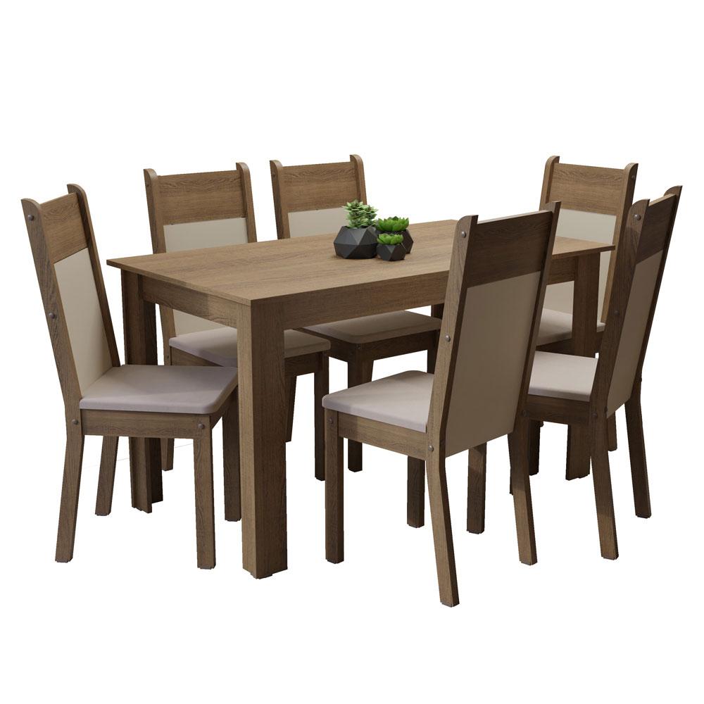 Conjunto Sala de Jantar Madesa Medelin Mesa Tampo de Madeira com 6 Cadeiras - Rustic/Crema/Bege