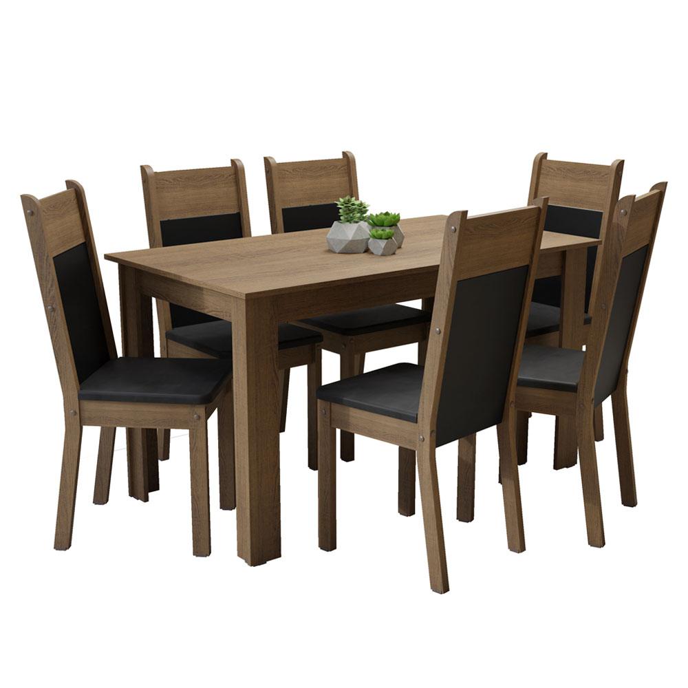 Conjunto Sala de Jantar Madesa Medelin Mesa Tampo de Madeira com 6 Cadeiras - Rustic/Preto/SintPreto