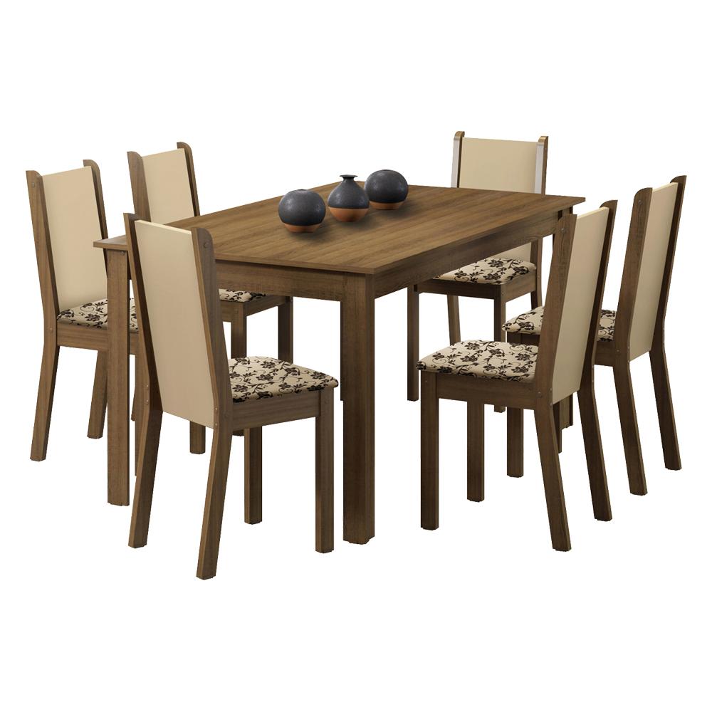 Conjunto Sala de Jantar Madesa Miriam Mesa Tampo de Madeira 6 Cadeiras - Rustic/Crema/Bege Marrom