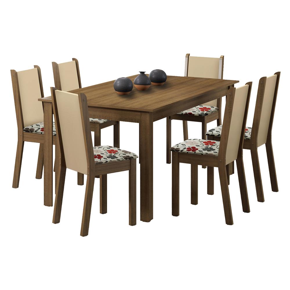 Conjunto Sala de Jantar Madesa Miriam Mesa Tampo de Madeira com 6 Cadeiras - Rustic/Crema/Hibiscos