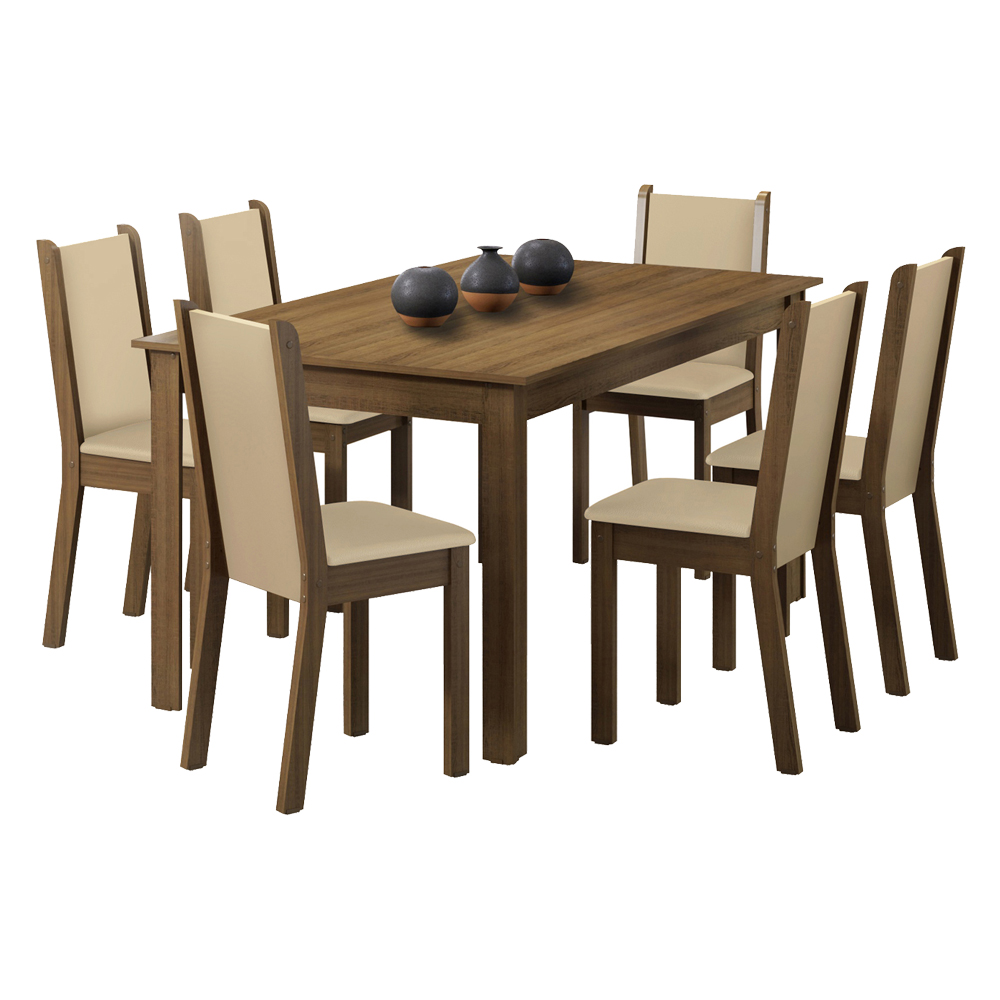 Conjunto Sala de Jantar Madesa Miriam Mesa Tampo de Madeira com 6 Cadeiras - Rustic/Crema/Pérola