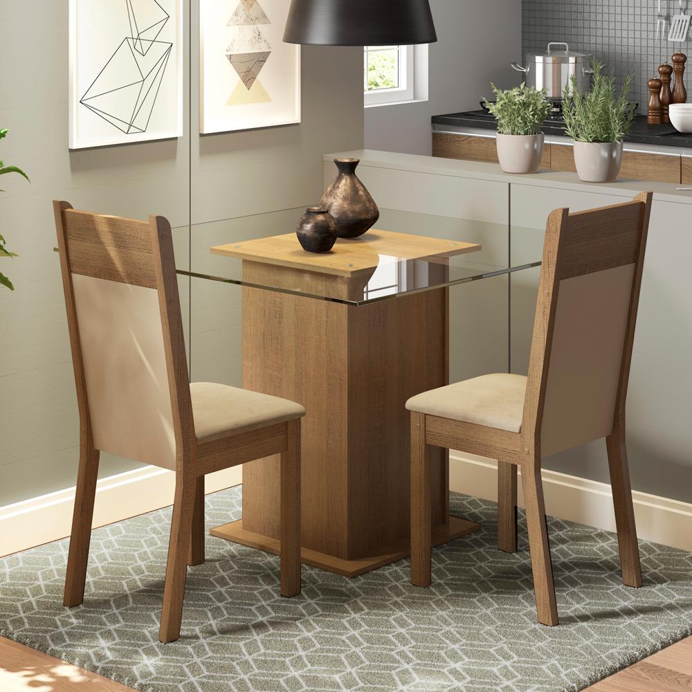 Conjunto Sala de Jantar Madesa Moni Mesa Tampo de Vidro com 2 Cadeiras - Rustic/Crema/Pérola