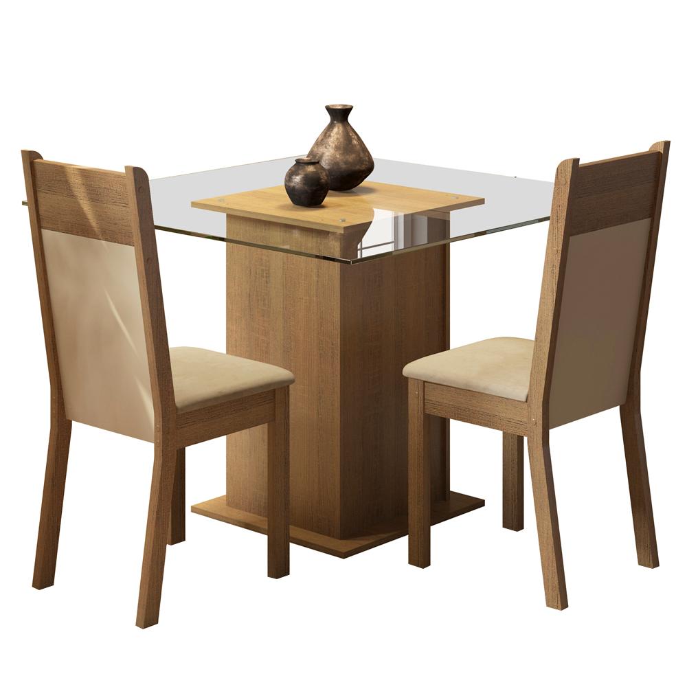 Conjunto Sala de Jantar Madesa Moni Mesa Tampo de Vidro com 2 Cadeiras - Rustic/Crema/Pérola