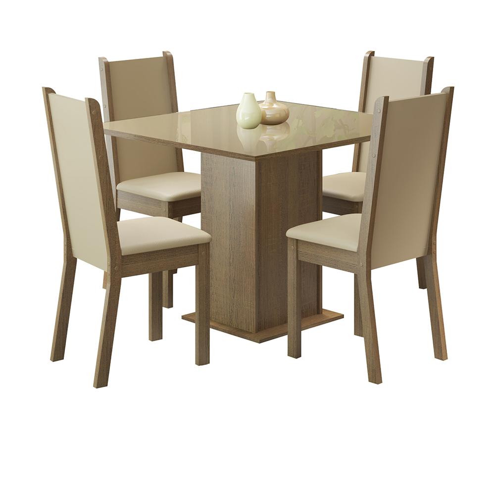 Conjunto Sala de Jantar Madesa Moscou Plus Mesa Tampo de Vidro com 4 Cadeiras - Rustic/Crema/Pérola