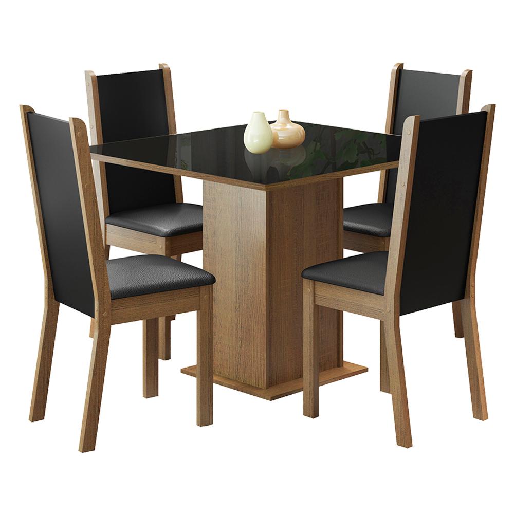 Conjunto Sala de Jantar Madesa Moscou Plus Mesa Tampo de Vidro com 4 Cadeiras - Rustic/Preto/Sintético Preto