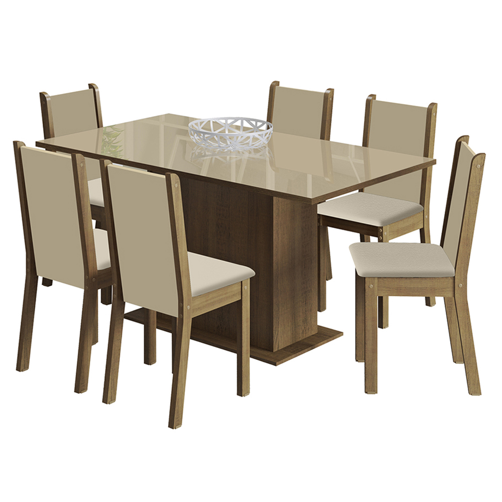 Conjunto Sala de Jantar Madesa Moscou Plus Mesa Tampo de Vidro com 6 Cadeiras - Rustic/Crema/Pérola