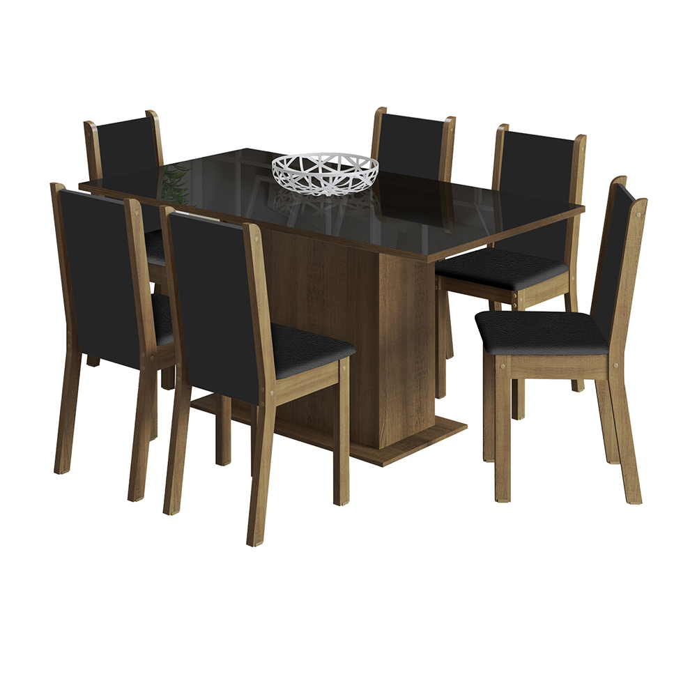 Conjunto Sala de Jantar Madesa Moscou Plus Mesa Tampo de Vidro com 6 Cadeiras - Rustic/Preto/Sintético Preto