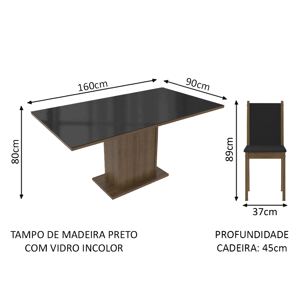 Conjunto Sala de Jantar Madesa Moscou Plus Mesa Tampo de Vidro com 6 Cadeiras - Rustic/Preto/Sintético Preto