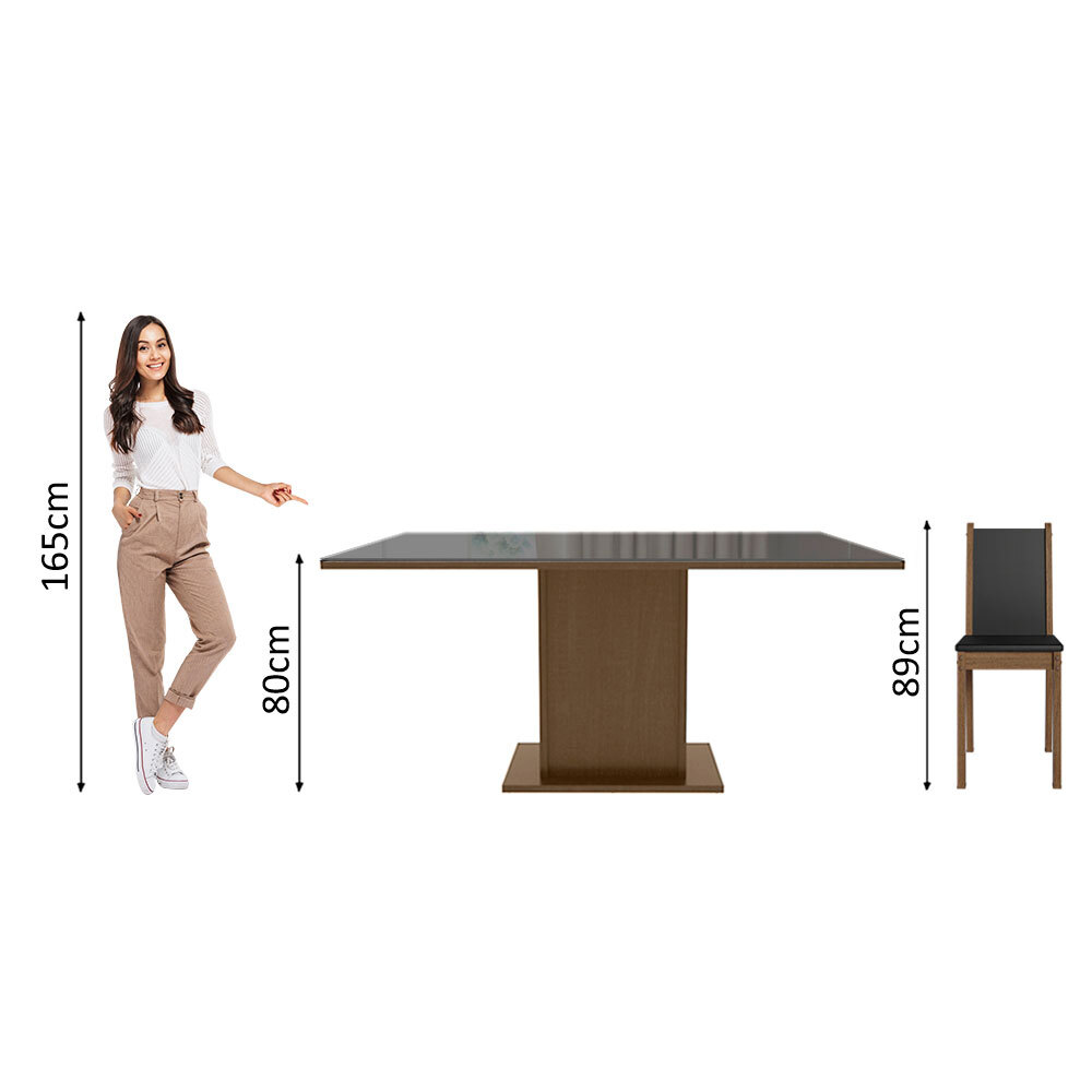 Conjunto Sala de Jantar Madesa Moscou Plus Mesa Tampo de Vidro com 6 Cadeiras - Rustic/Preto/Sintético Preto