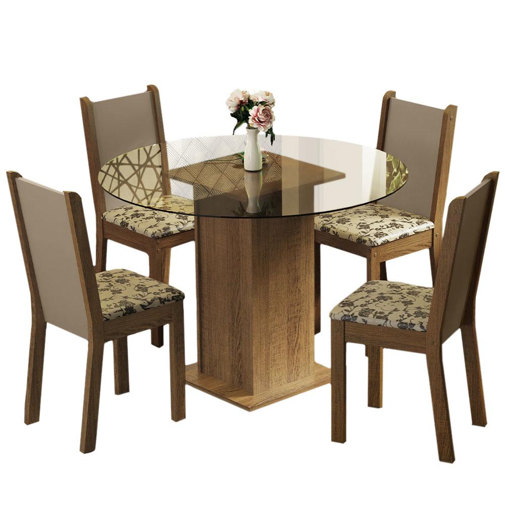 Conjunto Sala de Jantar Madesa Nanda Mesa Tampo Vidro Redondo 4 Cadeiras - Rustic/Crema/Bege