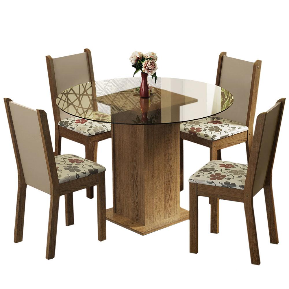 Conjunto Sala de Jantar Madesa Nanda Mesa Tampo Vidro Redondo 4 Cadeiras - Rustic/Crema/Hibiscos