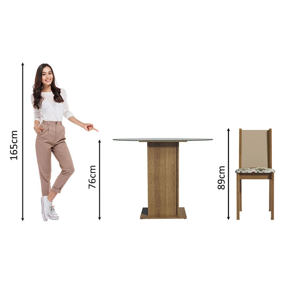 Conjunto Sala de Jantar Madesa Nanda Mesa Tampo Vidro Redondo 4 Cadeiras - Rustic/Crema/Hibiscos