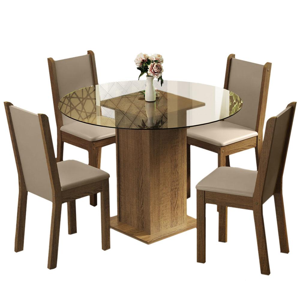 Conjunto Sala de Jantar Madesa Nanda Mesa Tampo de Vidro Redondo 4 Cadeiras - Rustic/Crema/Bege