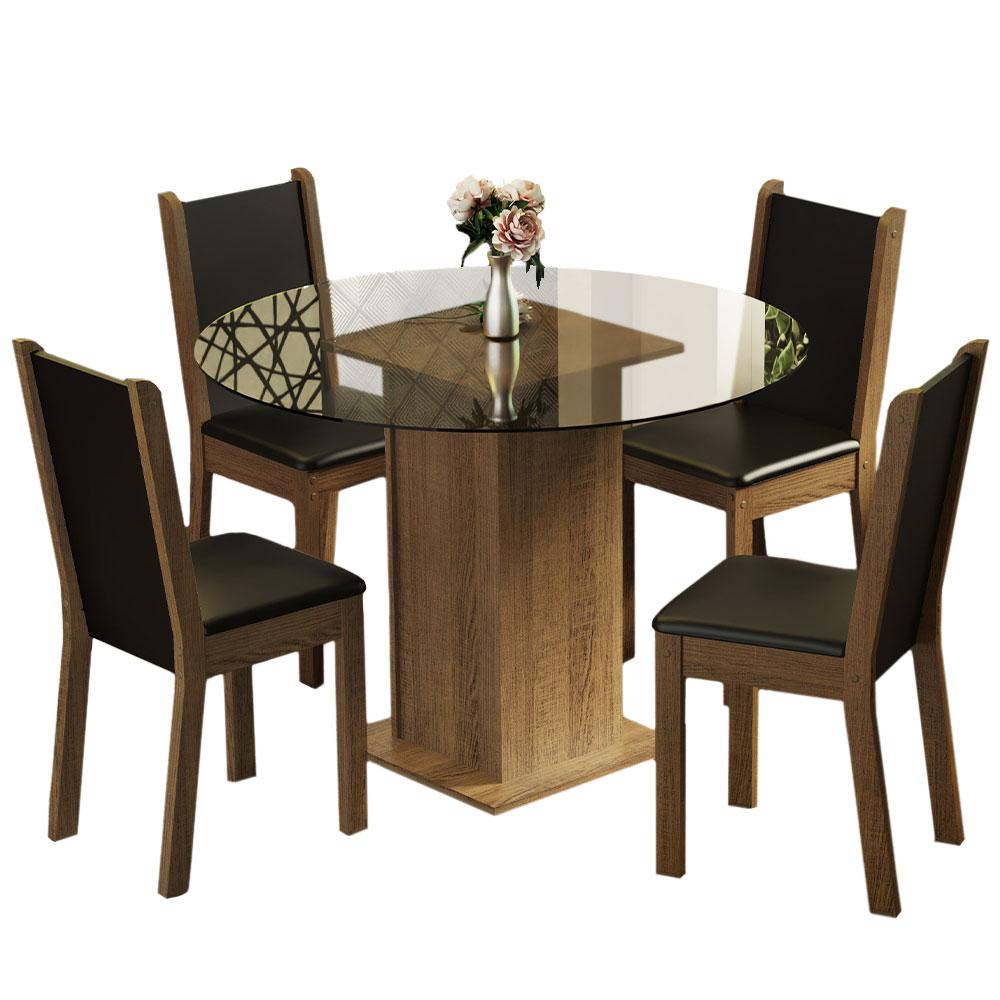Conjunto Sala de Jantar Madesa Nanda Mesa Tampo de Vidro Redondo 4 Cadeiras - Rustic/Preto