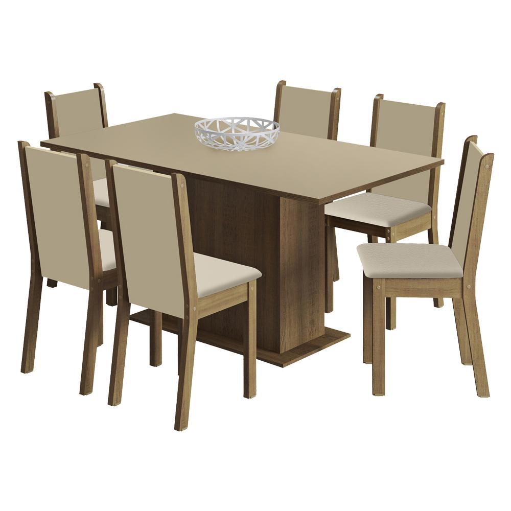 Conjunto Sala de Jantar Madesa Ohana Mesa Tampo de Madeira com 6 Cadeiras - Rustic/Crema/Pérola