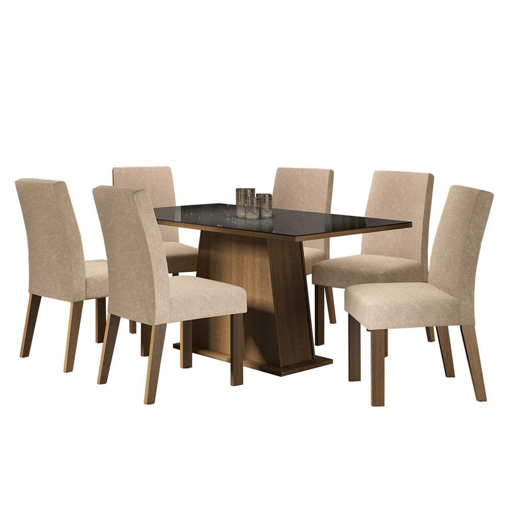 Conjunto Sala de Jantar Madesa Patricia Mesa Tampo de Vidro com 6 Cadeiras - Rustic/Preto/Imperial