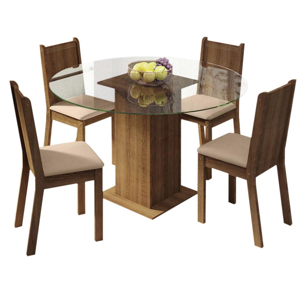Conjunto Sala de Jantar Madesa Paula Mesa Tampo de Vidro Redondo 4 Cadeiras - Rustic/Bege