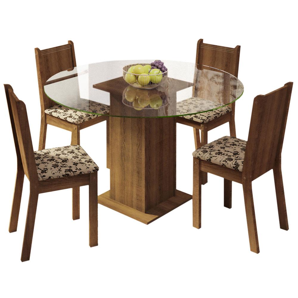 Conjunto Sala de Jantar Madesa Paula Mesa Tampo de Vidro Redondo 4 Cadeiras - Rustic/Bege Marrom