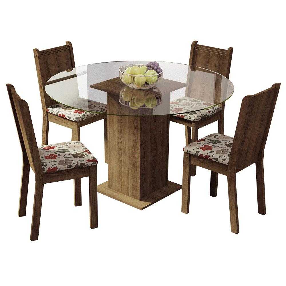 Conjunto Sala de Jantar Madesa Paula Mesa Tampo de Vidro Redondo 4 Cadeiras - Rustic/Hibiscos