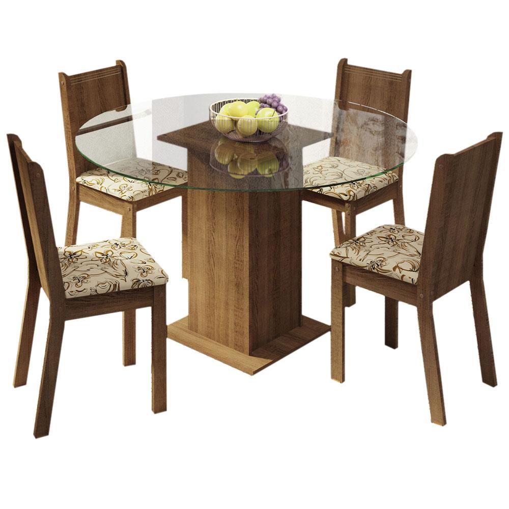 Conjunto Sala de Jantar Madesa Paula Mesa Tampo de Vidro Redondo 4 Cadeiras - Rustic/Lírio Bege