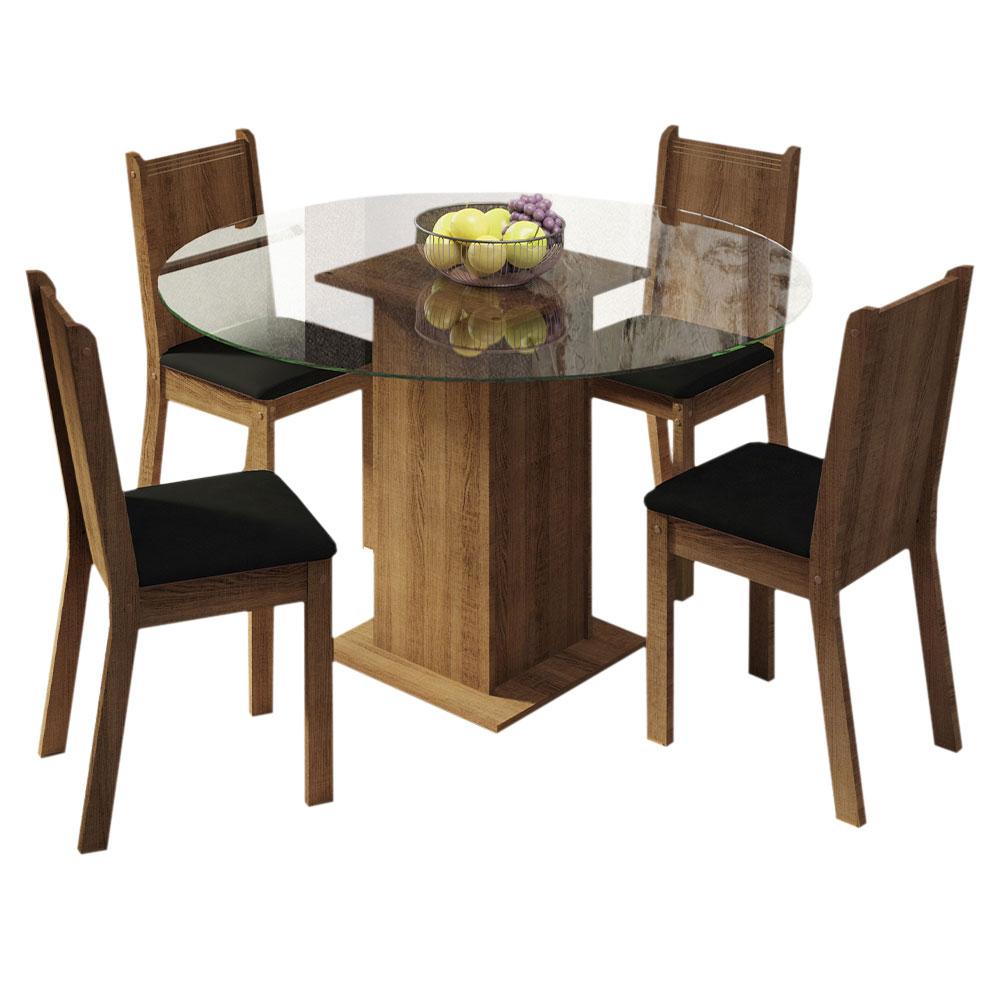 Conjunto Sala de Jantar Madesa Paula Mesa Tampo de Vidro Redondo 4 Cadeiras - Rustic/Preto