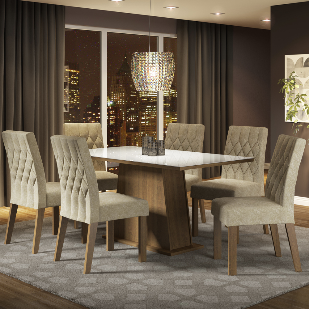 Conjunto Sala de Jantar Madesa Rafaela Mesa Tampo de Vidro com 6 Cadeiras - Rustic/Branco/Imperial