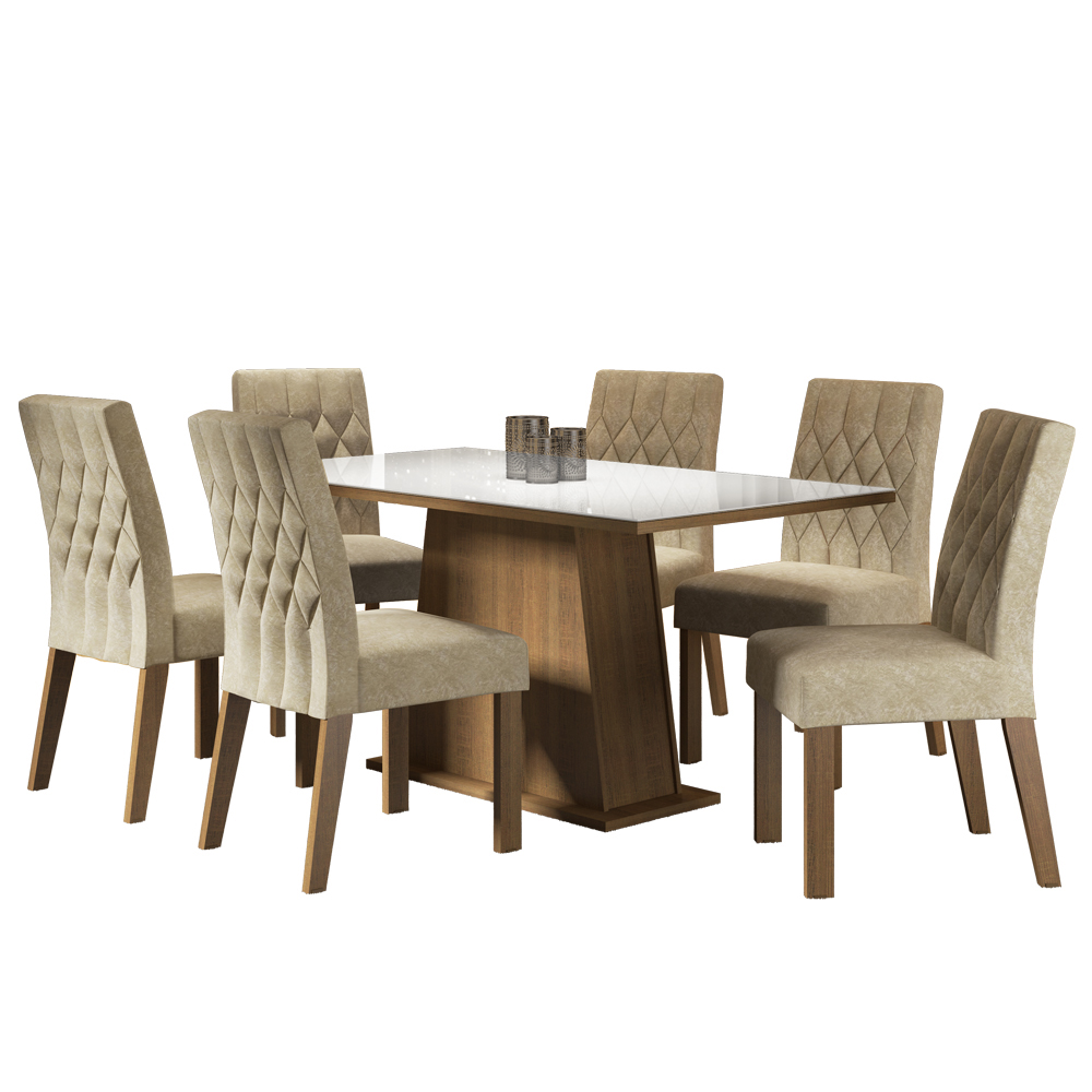 Conjunto Sala de Jantar Madesa Rafaela Mesa Tampo de Vidro com 6 Cadeiras - Rustic/Branco/Imperial
