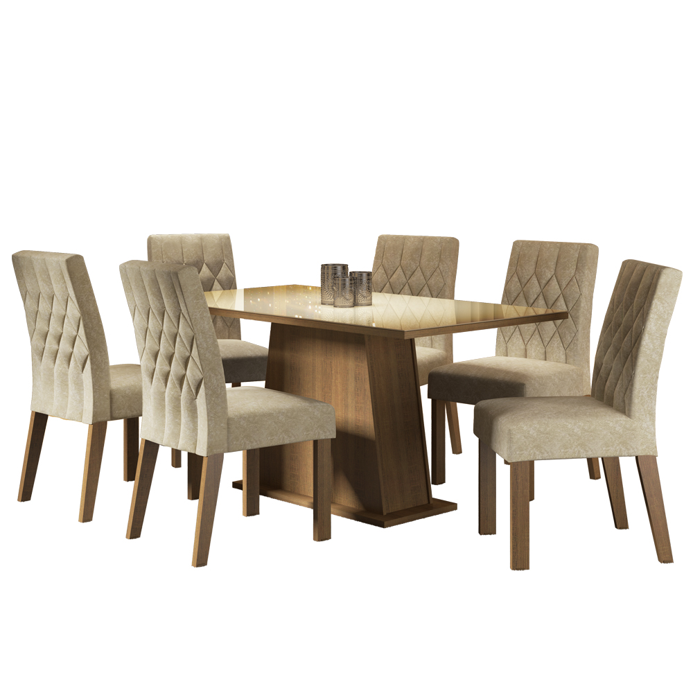 Conjunto Sala de Jantar Madesa Rafaela Mesa Tampo de Vidro com 6 Cadeiras - Rustic/Crema/Imperial