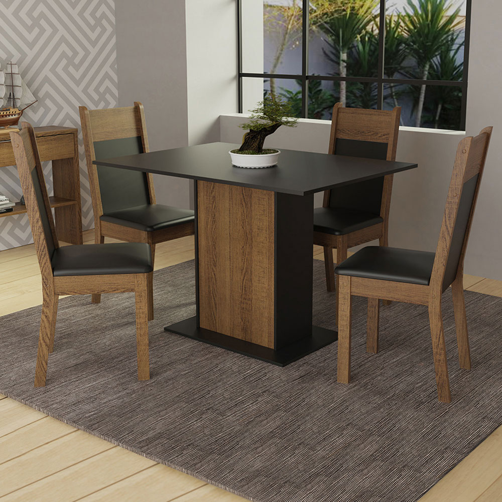 Conjunto Sala de Jantar Madesa Sheila Mesa Tampo de Madeira com 4 Cadeiras - Rustic/Preto