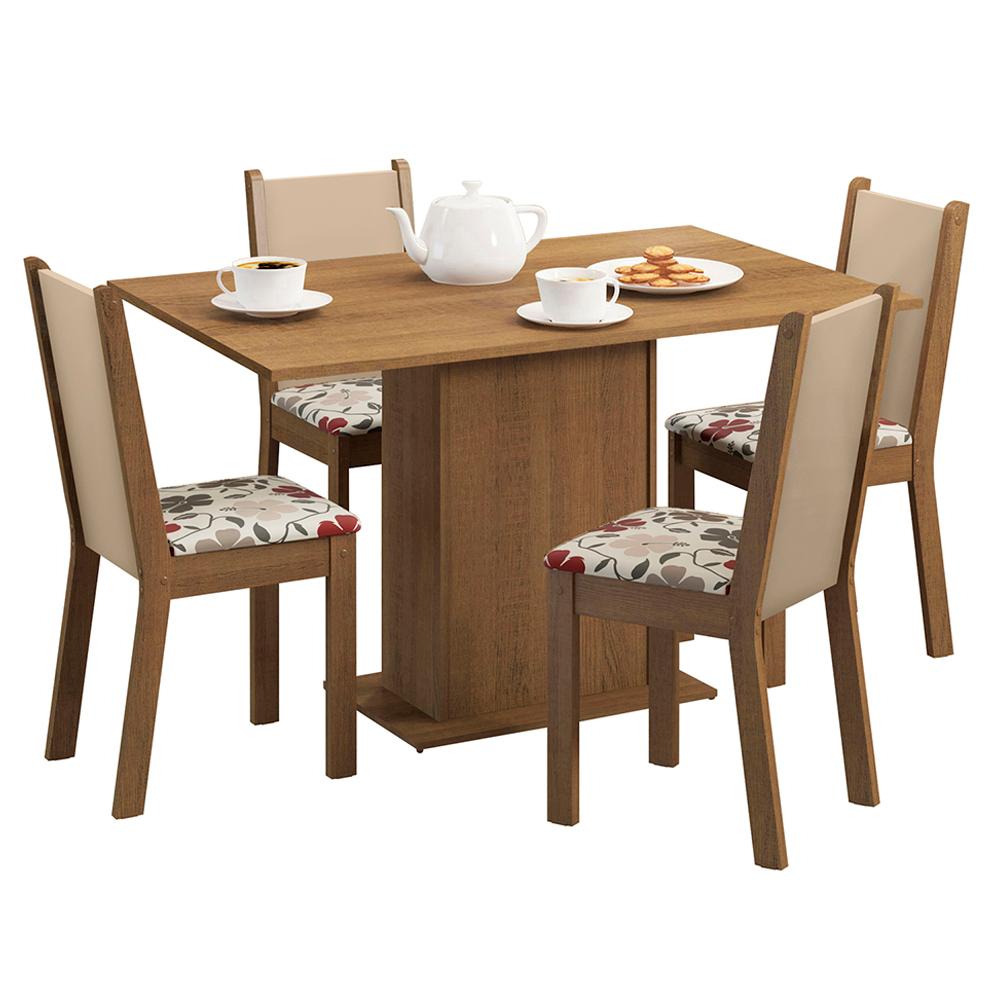 Conjunto Sala de Jantar Madesa Talita Mesa Tampo de Madeira com 4 Cadeiras - Rustic/Crema/Hibiscos
