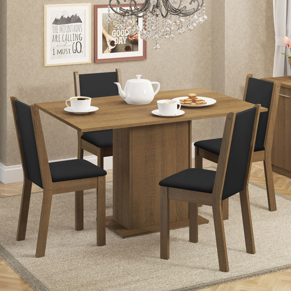 Conjunto Sala de Jantar Madesa Talita Mesa Tampo de Madeira com 4 Cadeiras - Rustic/Preto/Sintético Preto