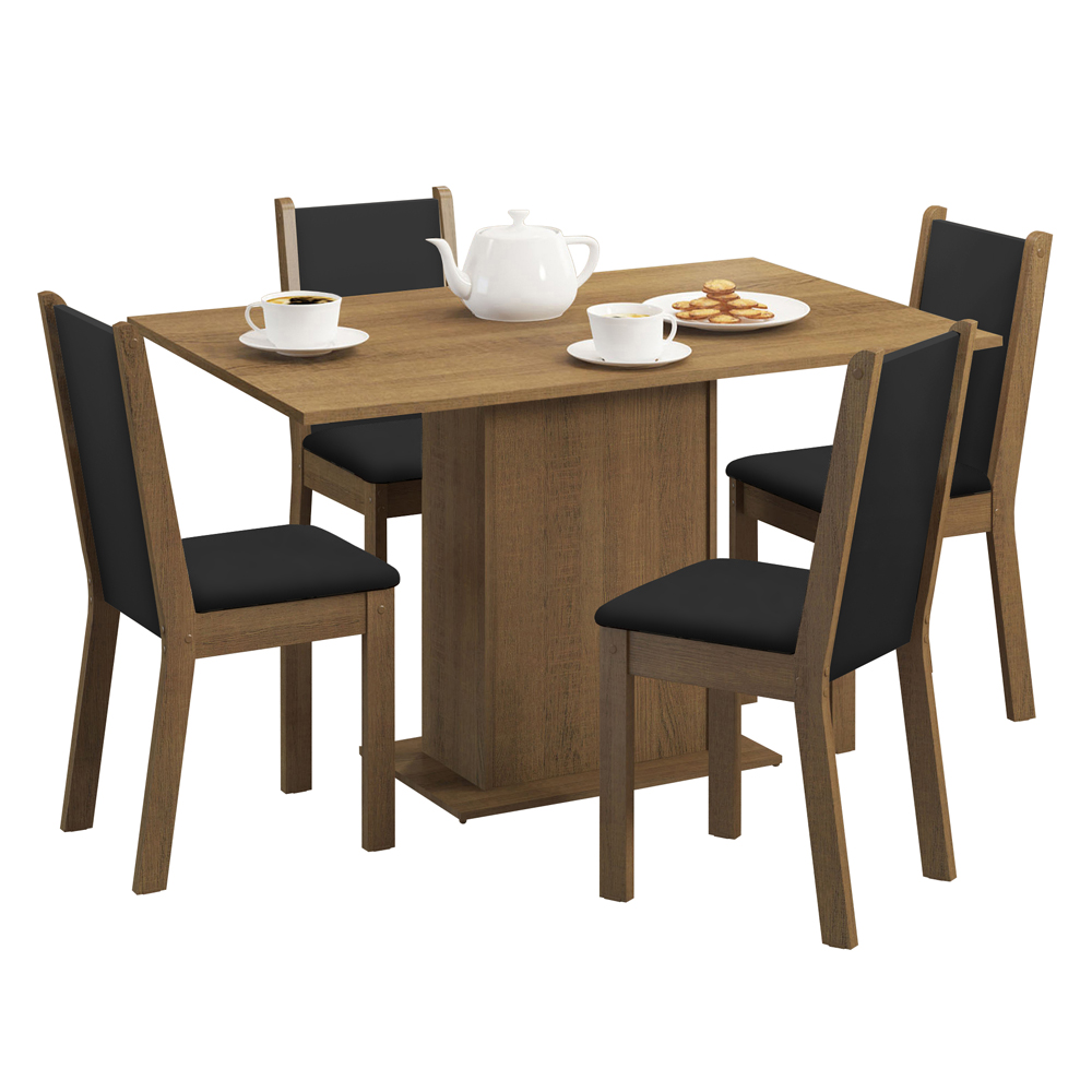 Conjunto Sala de Jantar Madesa Talita Mesa Tampo de Madeira com 4 Cadeiras - Rustic/Preto/Sintético Preto