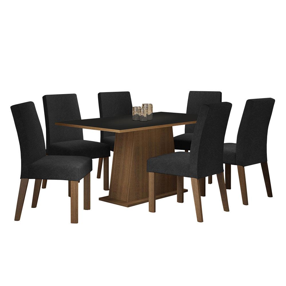 Conjunto Sala de Jantar Mesa Tampo de Madeira  6 Cadeiras Rustic/Preto/Oxford Luciana Madesa