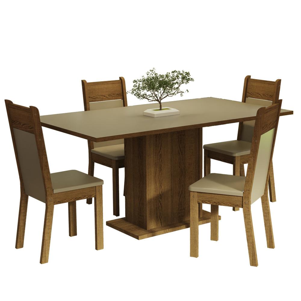 Conjunto Sala de Jantar Mesa Tampo de Madeira 4 Cadeiras Crema/Rustic/Bege Elisa Madesa