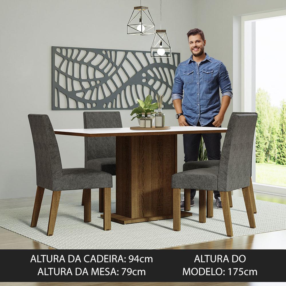 Conjunto Sala de Jantar Mesa Tampo de Madeira 4 Cadeiras Rustic/Branco/Silver Keila Madesa