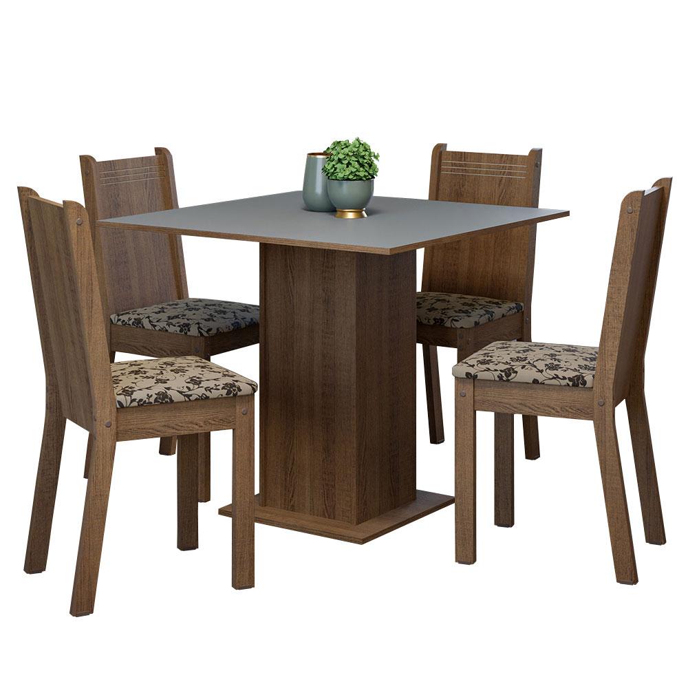 Conjunto Sala de Jantar Mesa Tampo de Madeira 4 Cadeiras Rustic/Cinza/Bege Marrom Samara Madesa