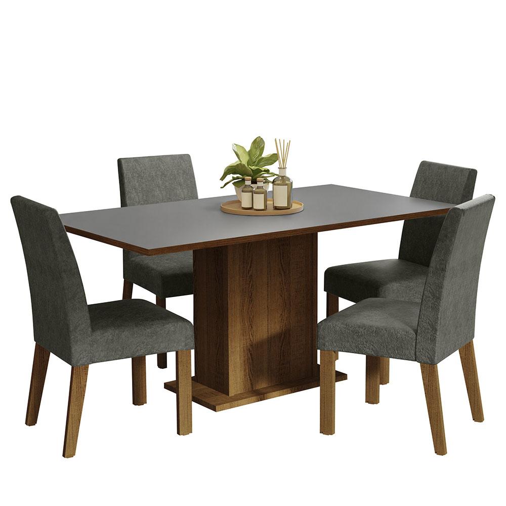 Conjunto Sala de Jantar Mesa Tampo de Madeira 4 Cadeiras Rustic/Cinza/Silver Keila Madesa
