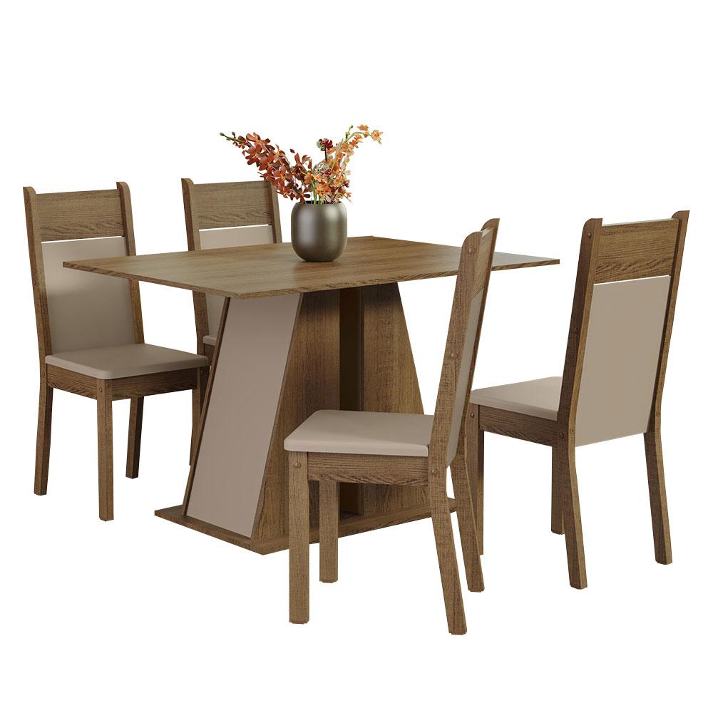 Conjunto Sala de Jantar Mesa Tampo de Madeira 4 Cadeiras Rustic/Crema/Bege Angel Madesa