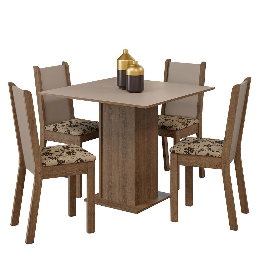 Conjunto Sala de Jantar Mesa Tampo de Madeira 4 Cadeiras Rustic/Crema/Bege Marrom Alana Madesa