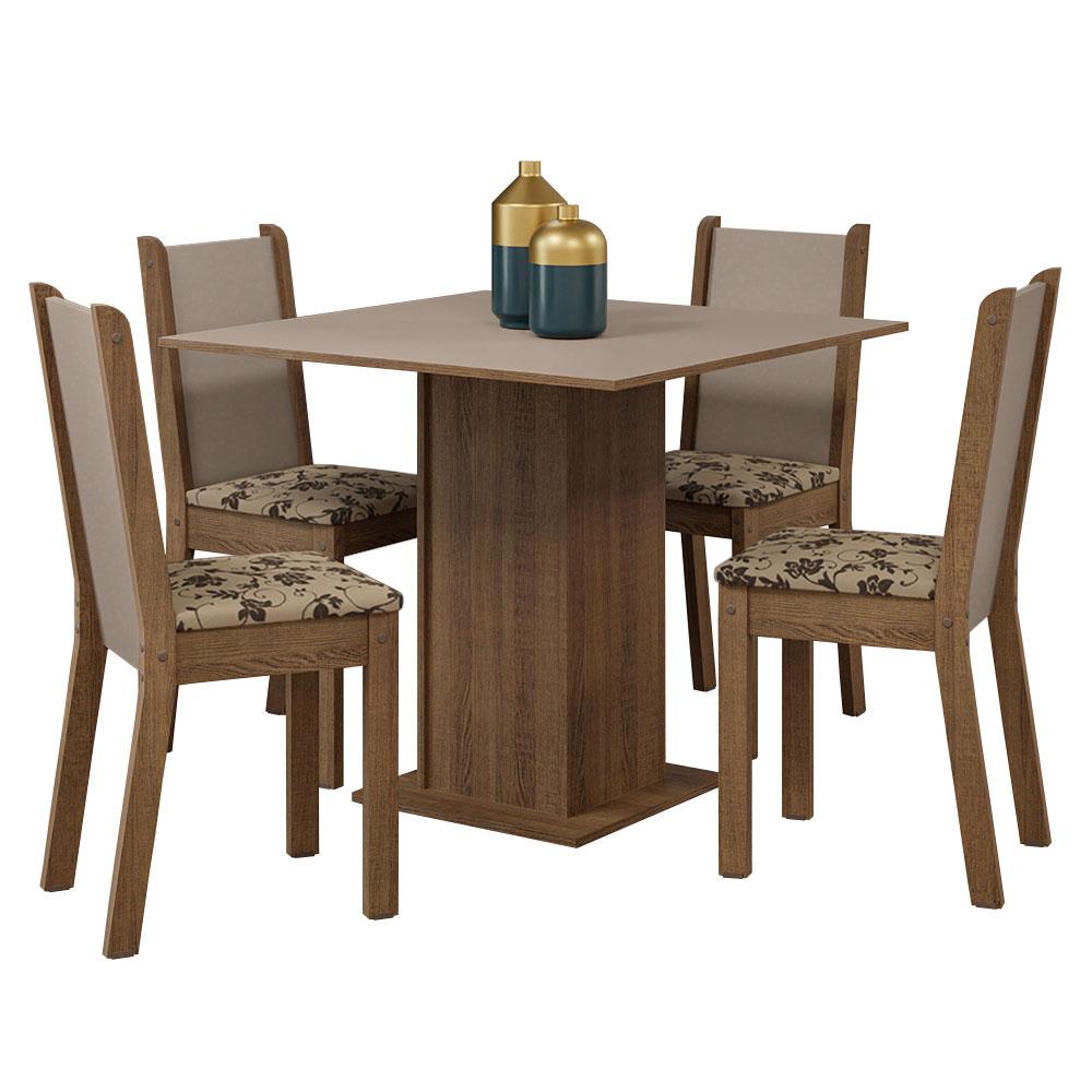 Conjunto Sala de Jantar Mesa Tampo de Madeira 4 Cadeiras Rustic/Crema/Bege Marrom Briana Madesa