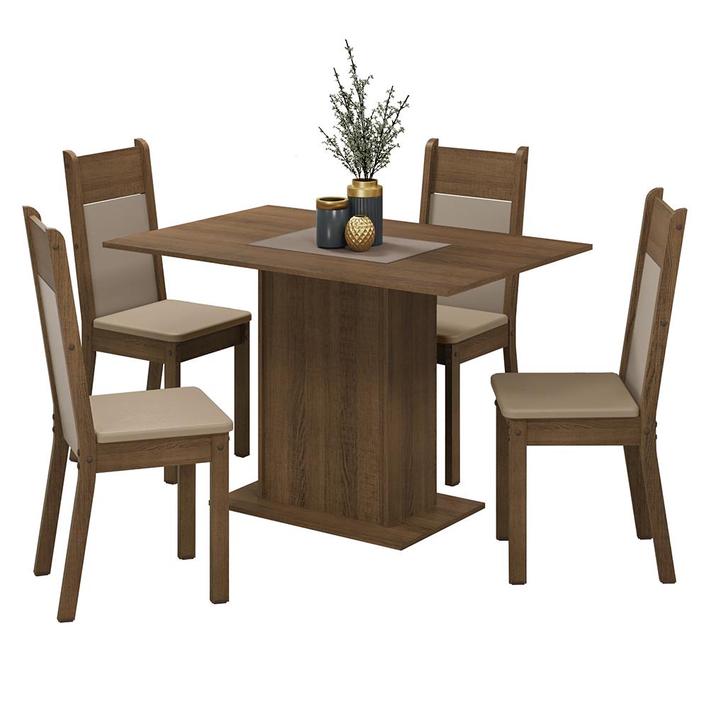 Conjunto Sala de Jantar Mesa Tampo de Madeira 4 Cadeiras Rustic/Crema/Bege Sheila Madesa