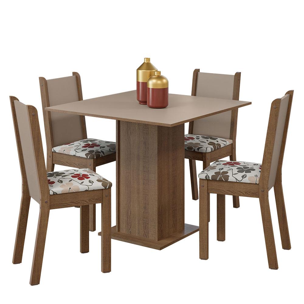 Conjunto Sala de Jantar Mesa Tampo de Madeira 4 Cadeiras Rustic/Crema/Hibiscos Alana Madesa