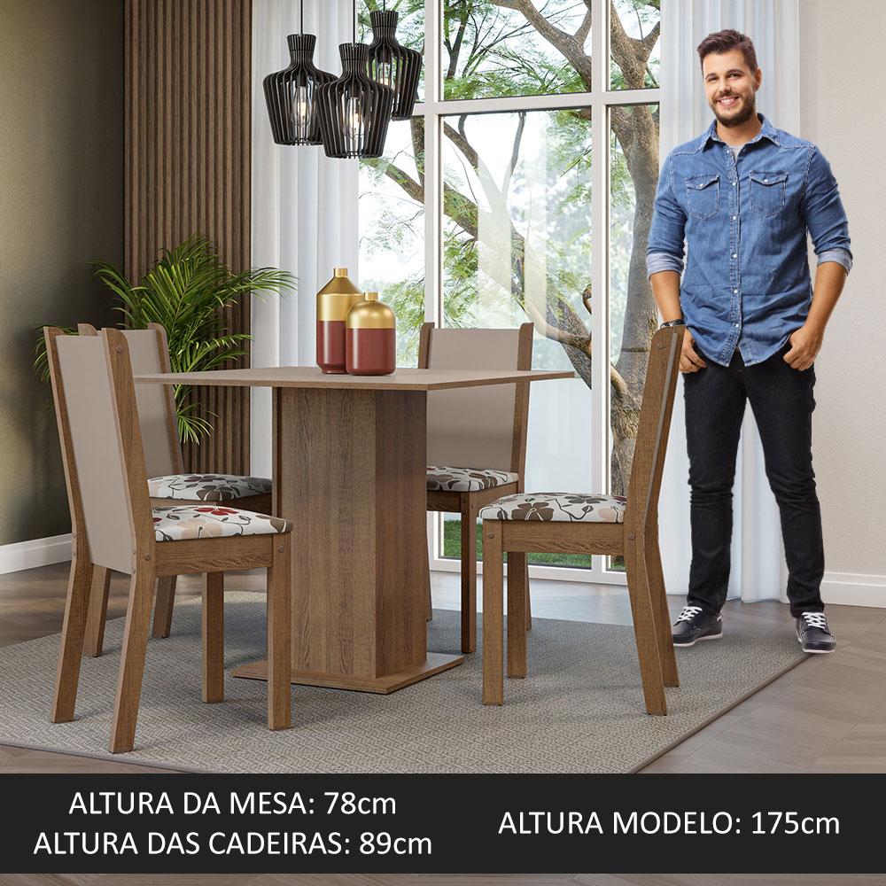 Conjunto Sala de Jantar Mesa Tampo de Madeira 4 Cadeiras Rustic/Crema/Hibiscos Alana Madesa