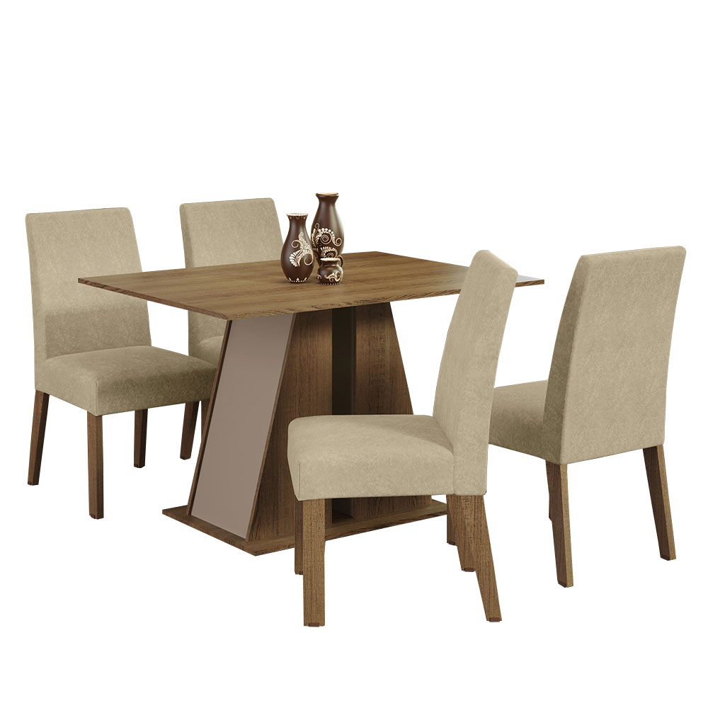 Conjunto Sala de Jantar Mesa Tampo de Madeira 4 Cadeiras Rustic/Crema/Imperial Agnes Madesa