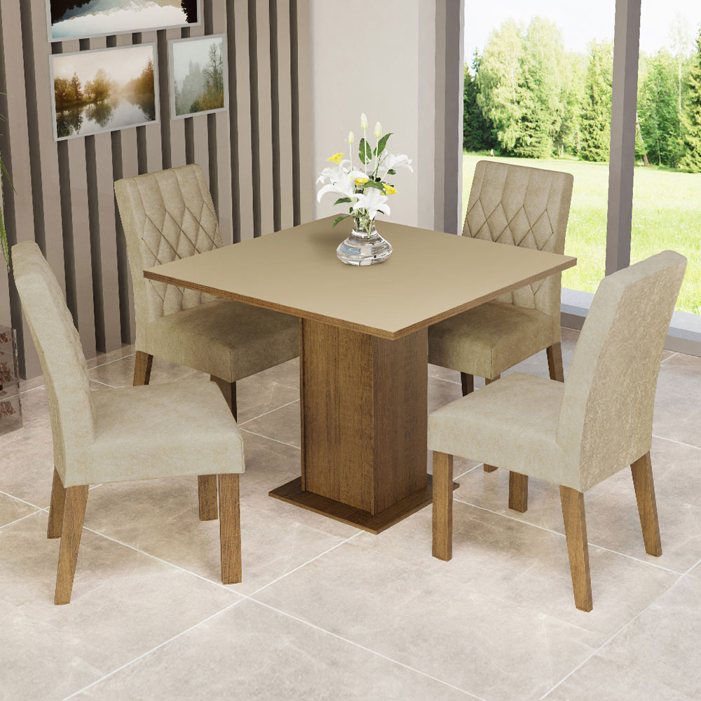 Conjunto Sala de Jantar Mesa Tampo de Madeira 4 Cadeiras Rustic/Crema/Imperial Livia Madesa