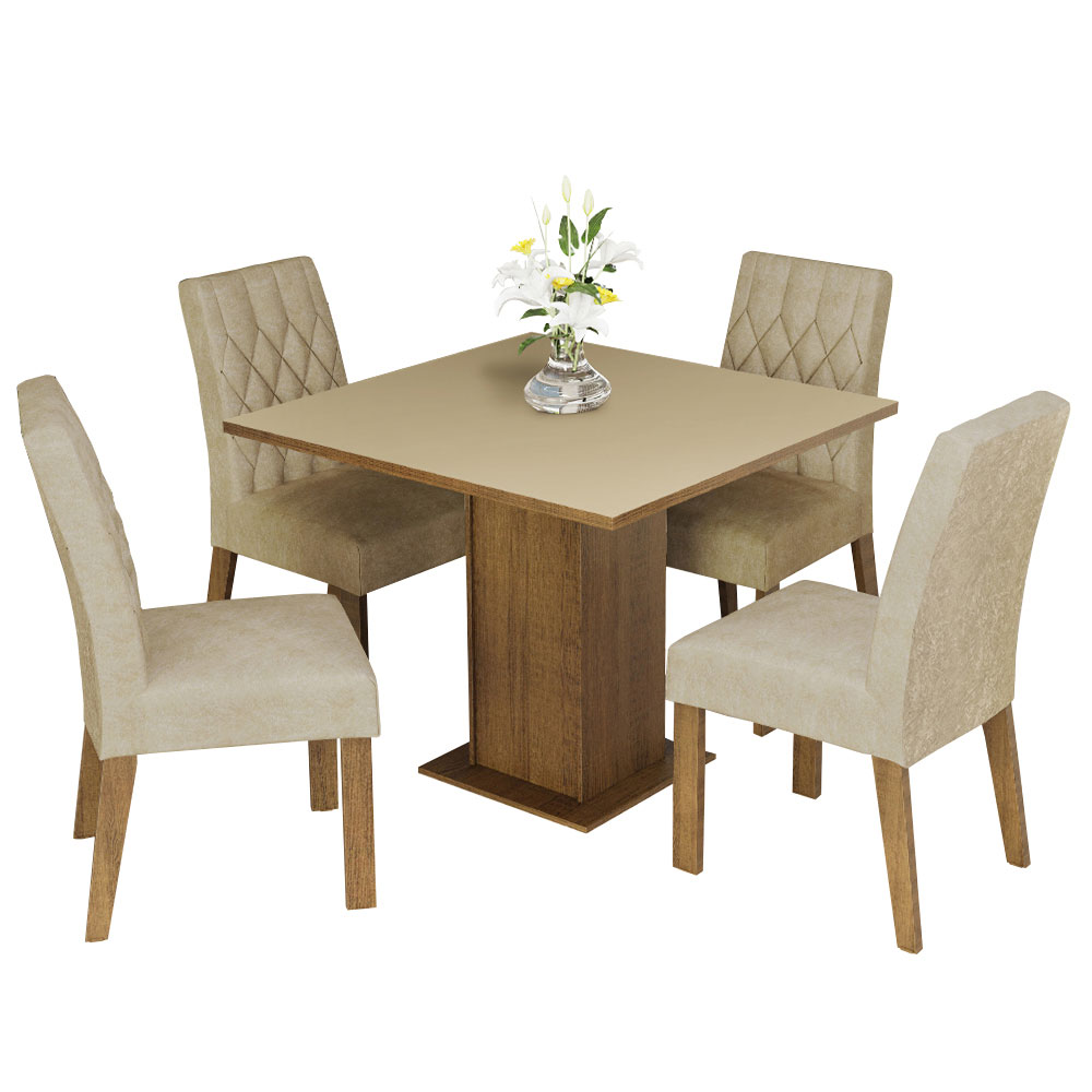 Conjunto Sala de Jantar Mesa Tampo de Madeira 4 Cadeiras Rustic/Crema/Imperial Livia Madesa